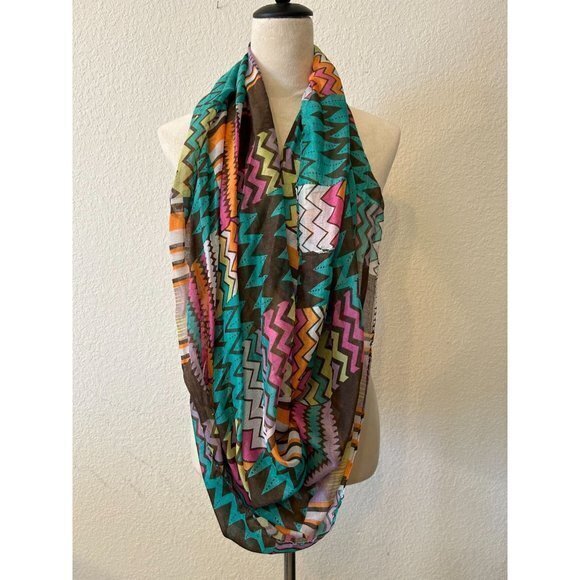 Bold Pink, Orange, Yellow, Teal & Brown Infinity Scarf 33"‎ x 35"  Lightweight - Picture 2 of 4
